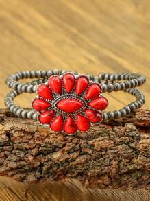 1 pulseira de contas de design aberto estilo boêmio com incrustações de turquesa, pulseira vintage feminina de contas