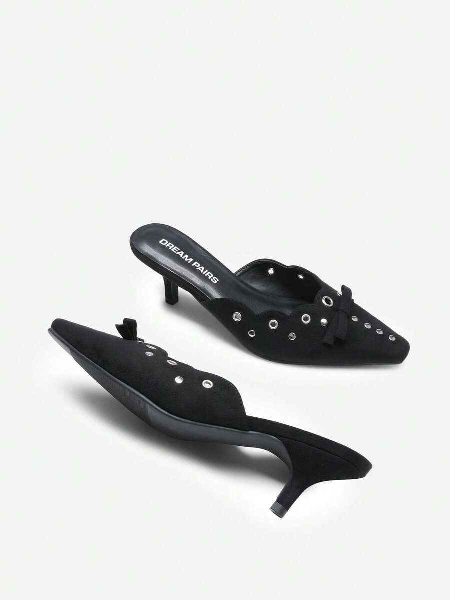Women's Pointed Toe Kitten Heel Mules Slip-On Bowknot Fashionable Elegant Pumps Party Party Sexy Chic Stiletto Shoes - 黑色 - 查看 1