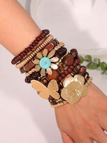 12pcs Dark Brown Wood Beads & Gold Tone Butterfly Floral Accent Charm Vintage Personalized Layering Bracelet, Suitable For Women Beach Holiday Wear