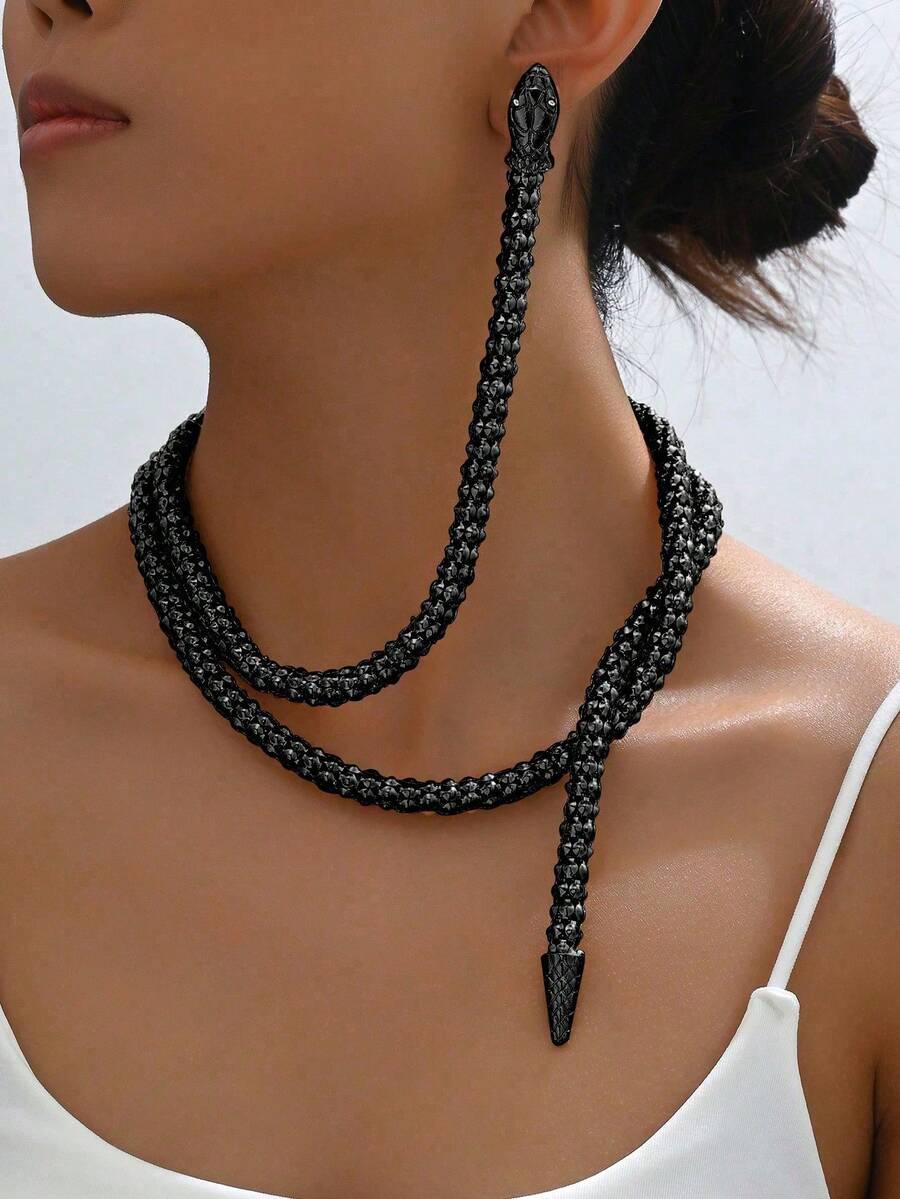 1pc Women's Creative Retro Punk Style Snake Wrap Earrings & Necklace Set, Versatile Jewelry For Daily Wear - Heise - View 1