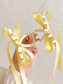 1pc Women's Solid Color Double-Layer Bow Ribbon Hair Claw Clip, Suitable For Everyday Use Hair Clips Hair Jaw Clip Hair Clamps Hair Clutch Hair Catcher Clip, Casual - Yellow - View 3