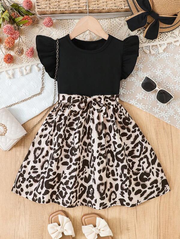 Elegant And Graceful Summer Dress For Young Girl Includes Round Collar Leopard Sleeveless Dress And Bow Belt Connected Dress