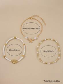 3 pièces/set Bracelet vintage multicouche en perles de riz, pendentif avec éléments marins étoile de mer et coquillage, bijoux bohèmes de plage et de vacances pour femmes, accessoire sexy pour bikini et soirée (quantité et séquence de perles aléatoires)