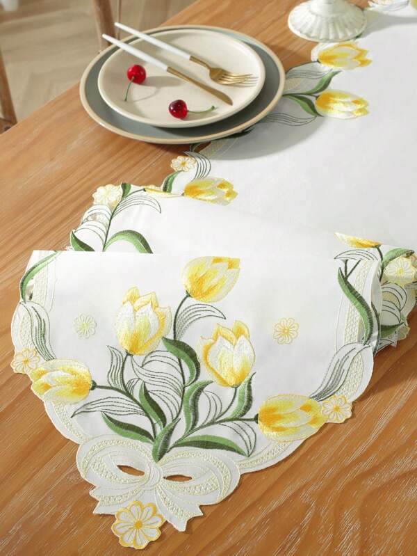 1 pieza Camino de mesa de satén, elegante artesanía bordada, estampado de tulipán en rosa, azul, amarillo, adecuado para cocina, mesa de comedor, decoración del hogar, reuniones familiares, decoración festiva, interior y exterior, fiesta, boda, camping, disponible en varios tamaños