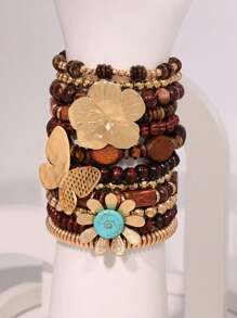 12pcs Dark Brown Wood Beads & Gold Tone Butterfly Floral Accent Charm Vintage Personalized Layering Bracelet, Suitable For Women Beach Holiday Wear