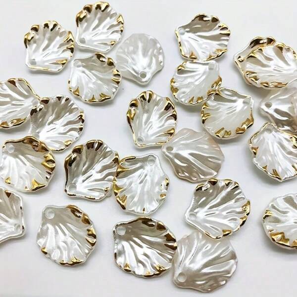 25pcs Shimmering Golden Edge White Resin Shells - Glossy Loose Decorations For Jewelry Making, DIY Necklace And Bracelet Craft, Perfect For Handmade Accessories And Fashion Designs