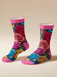 1 Pair Multicolor Rose Pattern Socks, Vibrant Rose Design Suitable For Any Occasion, 360 Digital Printing Mid-Calf Socks With Random Floral Prints, Nordic Style, Polyester, Seasonal, Fall - Multicolor - View 6