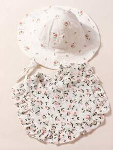 1pc Baby Hat, Baby Girls Solid Color Cute Bucket Hat Set Suitable For Outdoor Sun Protection + 1pc Printing Soft Cute Baby Bib - Multicolor - View 7