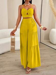 AIJ Amarilo Women Summer Vacation Twist Cami Top And Pleated Wide Leg Pants 2 Pieces Set - Yellow - View 4