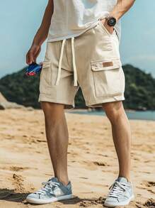 Pantalones cortos cargo de pana clásicos de moda para hombres de talla grande con múltiples bolsillos, cordón con cinta, diseño de contraste de color, apropiados para uso casual, al aire libre, trayectos y estilo callejero, nueva colección de verano