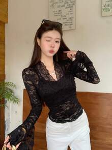 Stylish Sexy V-Neck Long Sleeve Lace Blouse For Women, Tight Fitting Crop Top, Spring/Autumn 2025 New Collection Black - Black - View 5