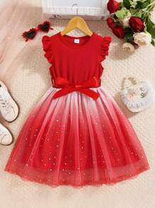 coviviky Blusa de manga corta acanalada y vestido con malla de lentejuelas degradadas con cinturón para niñas, cómodo y dulce, para verano