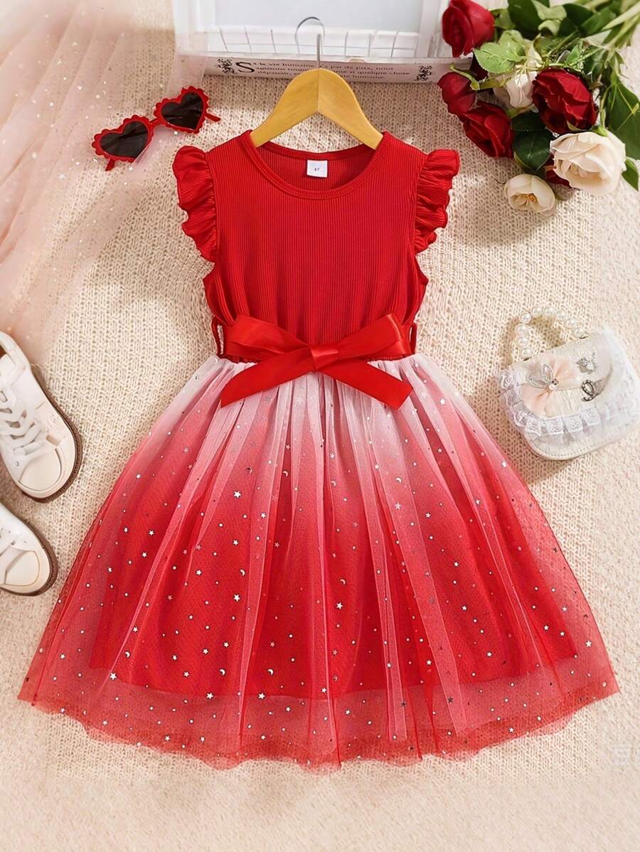 coviviky Blusa de manga corta acanalada y vestido con malla de lentejuelas degradadas con cinturón para niñas, cómodo y dulce, para verano