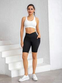 3 piezas Pantalones cortos de yoga de cintura alta con bolsillos, tela transpirable, pantalones cortos deportivos de compresión con efecto levantamiento de glúteos para mujeres - Ropa deportiva de estilo deportivo para gimnasio