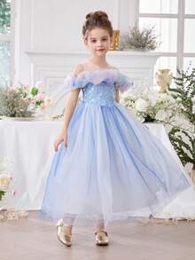 Sparkly Butterfly 3D Floral Easter Party Dress, Elegant Princess Tulle Gown For Girls, Birthday Party, Valentine's Day Gift, Prom, Wedding Flower Girl, Holiday Celebration - Baby Blue - View 1