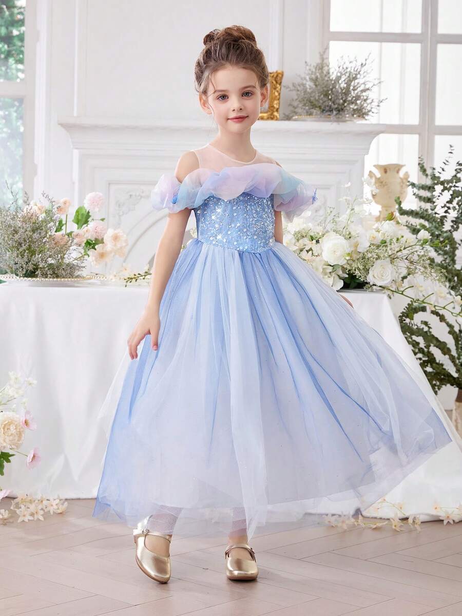 Sparkly Butterfly 3D Floral Easter Party Dress, Elegant Princess Tulle Gown For Girls, Birthday Party, Valentine's Day Gift, Prom, Wedding Flower Girl, Holiday Celebration - Baby Blue - View 1