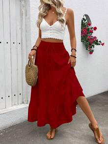 Rok Maxi Longgar Gaya Bohemian Wanita untuk Liburan Musim Gugur - Merah - View 1