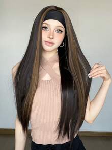 26Inch Long Synthetic Brown Interlaced( Black)Highlight Wig Headband, Heat Resistant Silky Straight Headband Wigs For Women, Christmas Halloween Festival Wig, Daily Party Cosplay - Piano Color - View 1