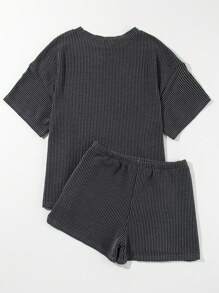 Plus Size Ribbed Textured Knit Loose Fit Tee And Shorts Set Two Pieces Set Women
