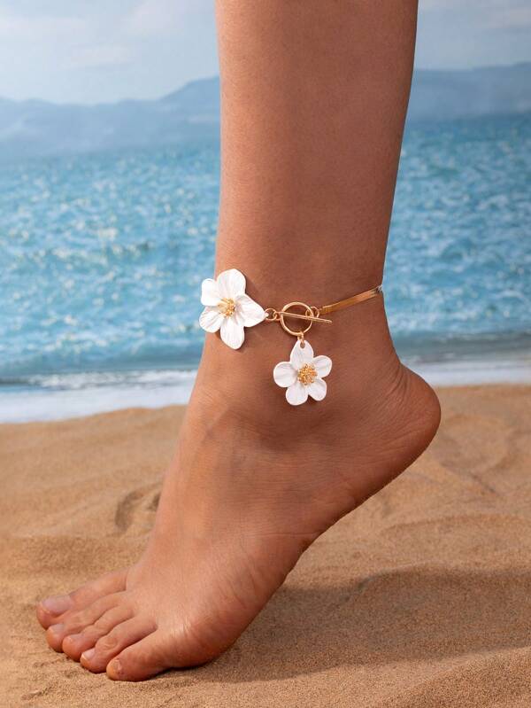 1pc Women's Anklets Pendant With Simple Elegant White Painted Floral Design, Suitable For Vacation And Party