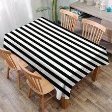 1pc Black & White Geometric Stripe Pattern Printed Tablecloth, Modern Style Polyester Fiber Rectangular & Round Tablecloth, Digital Printed Tablecloth Suitable For Living Room Home Use, Outdoor Dining Table, Small Round Table - Black and White - View 6