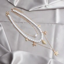 2pcs Bohemian Pearl Beaded Necklace With Seashells & Starfish, Vintage Style For Ladies Beach Resort - Multicolor - View 6