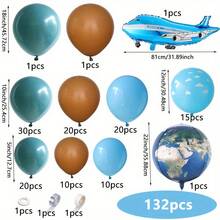 132pcs Travel Theme Balloon Garland Arch Set, Including Gray Blue, Blue, Coffee, Cloud Latex Balloons And Airplane, Earth Foil Balloons, Perfect For Birthday Party Decorations, Decorative Background, Graduation Ceremony, Retirement Party, Honeymoon Travel, Airplane Theme Party Supplies - Multicolor - View 3