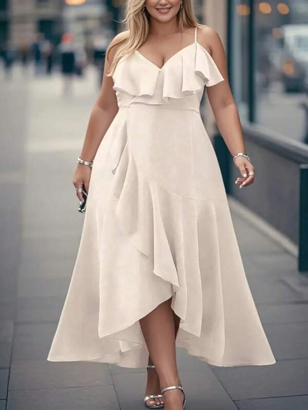 Plus Size Elegant Solid Color Ruched Zipper Ruffled Hem Dress