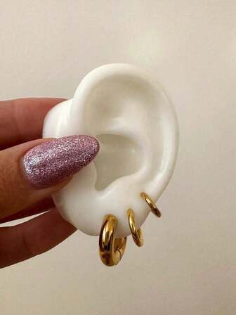 6 件时尚不锈钢镀金 2.5 毫米和 5 毫米厚小圆圈耳环 适合女士男士耳扣礼物