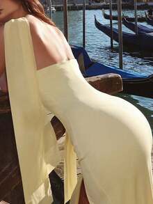 女士纯色侧开衩网眼抹胸长裙紧身优雅性感派对礼服晚会舞会，适合参加鸡尾酒会 - 黃色 - 查看 5