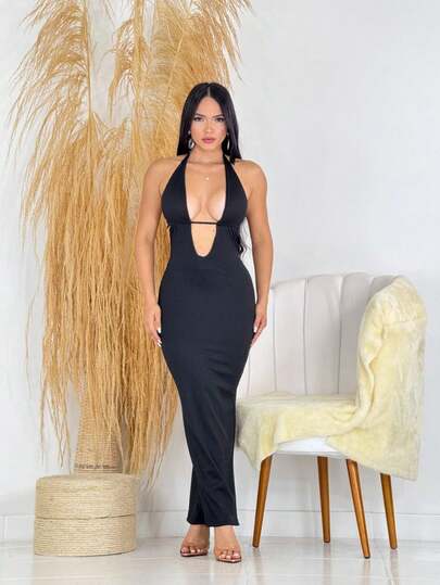 Vestido Canelado Longo Constas Nuas Com Bojo