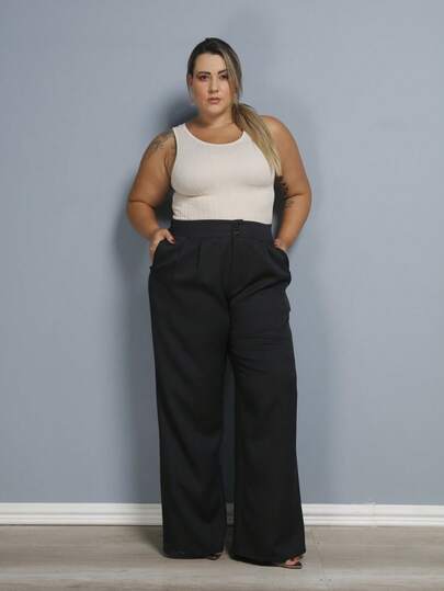 Calça Alfaiataria Plus Size Cintura Alta com elsaco  Feminina Modela o Bumbum Confortável Elegante Versatil Com Botão tamanho grande EXG