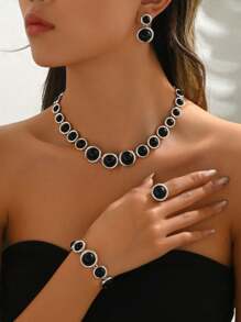 4Pcs Women Jewelry Set, Featuring Asymmetrical Spiral Shapes Embedded With Black Rhinestones, Classic Necklace, Bracelet, Earrings And Ring Combo. Versatile For Daily, Party And Occasion Wear. Suitable As Gift For Loved Ones And Friends.