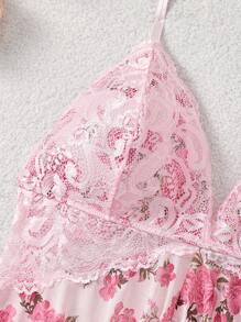 Vestido de encaje y estampado floral con tiras de malla para mujer de talla grande y sexy