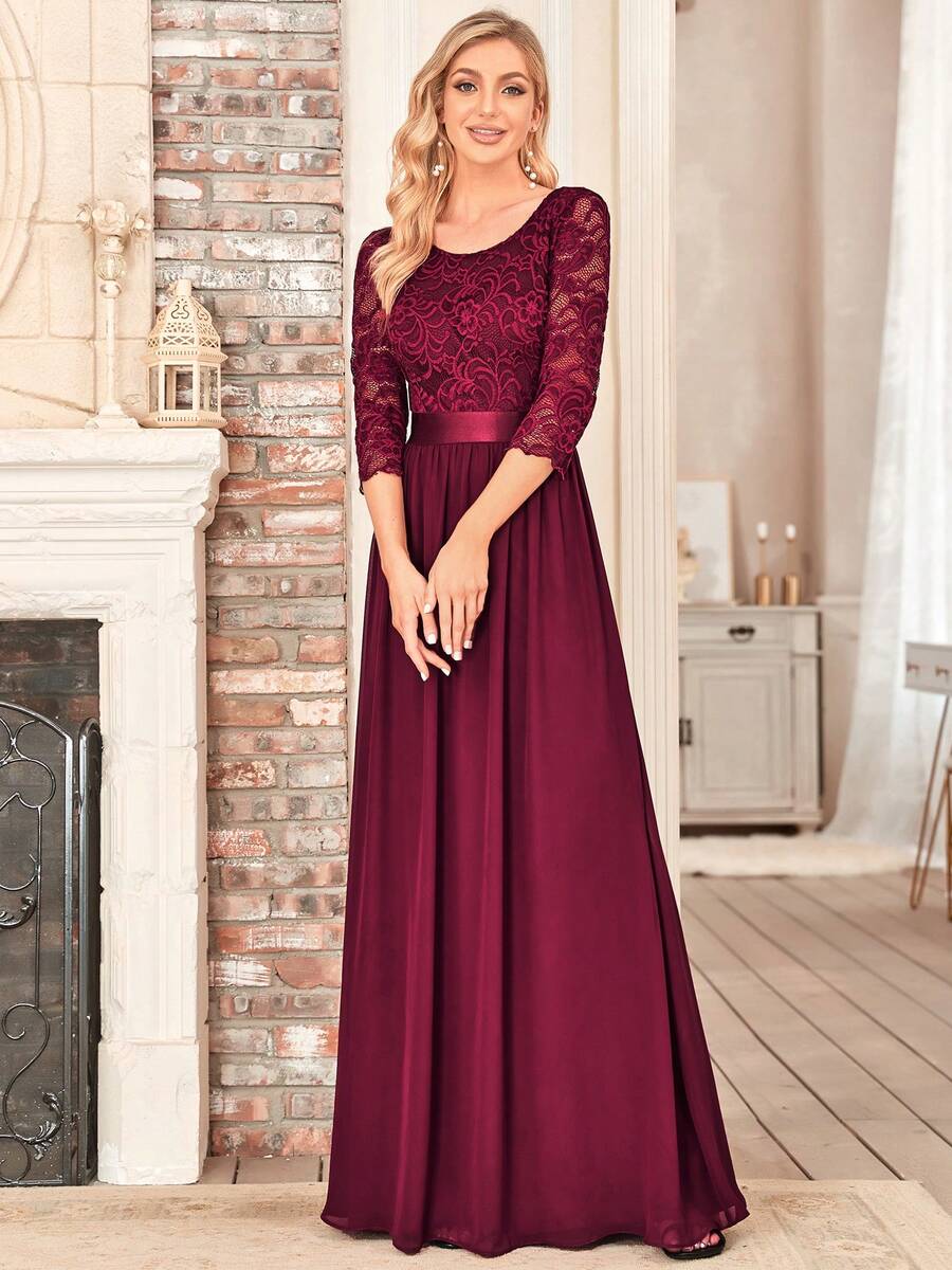EVERPRETTY Gaun Malam Merah Anggur Elegan dengan Leher Bulat, Lengan Sedang, Renda, dan Pinggang Tinggi - Anggur merah - View 1