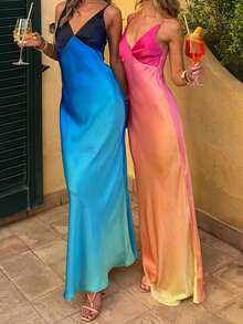 Womens Tie Dye Maxi Dress Y2k Gradient Spaghetti Strap Backless Slim Long Slip Dresses Summer Party Beach Dress - Màu xanh lam - Xem 5