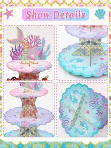 1 Set Soporte para tarta con temática de sirena, soporte de 3 niveles para decoración de postres, centro de mesa para fiestas de cumpleaños, baby shower, despedida de soltera, decoración de cocina y hogar, suministros para fiestas - Multicolor - Ver 6