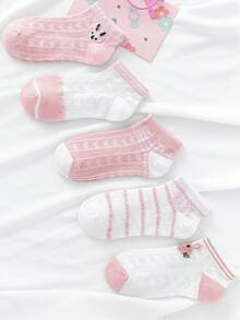 5 Pairs Heart & Rabbit Mesh Thin Kids Socks, "HAPPY, BABY" - Pink - View 5