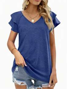 hupos Women's Summer Loose Fit T-Shirt Top Ruffled Sleeve Business Casual Women's Shirt V-Neck Shirt