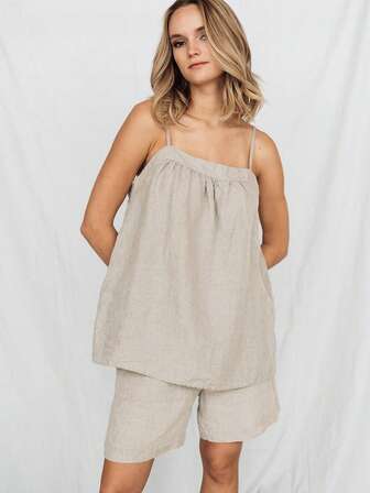 2pcs Solid Color Casual Loose Fitting Cami Shorts Pajama Set
