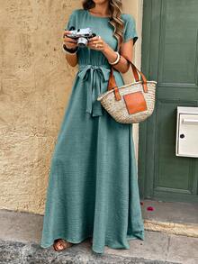 Women's A-Line Ruched Linen Texture Long Dress - Teal Blue - View 3