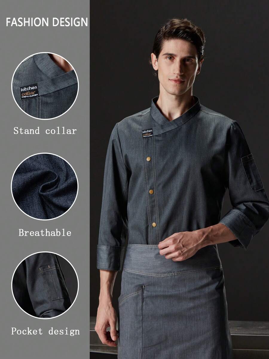 高端定制长袖厨师服，透气，男士舒适。双滚边设计，适用于餐饮、面包店、酒店厨房、餐厅、自助餐厅、西餐厅，秋冬春季长袖厨师制服，黑色和灰色可选，加大码 - 灰色 - 查看 1