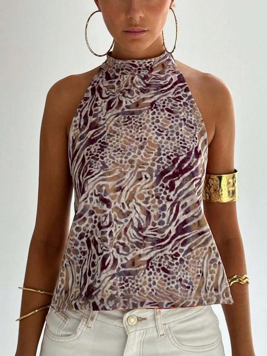 Women Y2k Floral Tie Top Coquette Boho Bow Backless Sleeveless Tank Top Summer Going Out Cami Top Fairy Streetwear - 棕色 - 查看 1