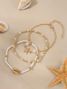 3 pièces/set Bracelet vintage multicouche en perles de riz, pendentif avec éléments marins étoile de mer et coquillage, bijoux bohèmes de plage et de vacances pour femmes, accessoire sexy pour bikini et soirée (quantité et séquence de perles aléatoires)