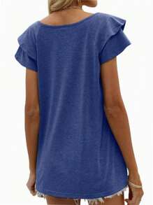 hupos Women's Summer Loose Fit T-Shirt Top Ruffled Sleeve Business Casual Women's Shirt V-Neck Shirt