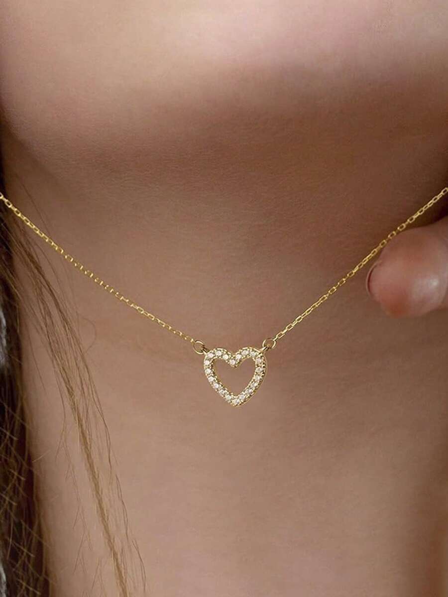 1pc Versatile Rhinestone Heart Necklace, Sweet Collarbone Chain, Water Wave Necklace For Women, Summer - Silver - View 1