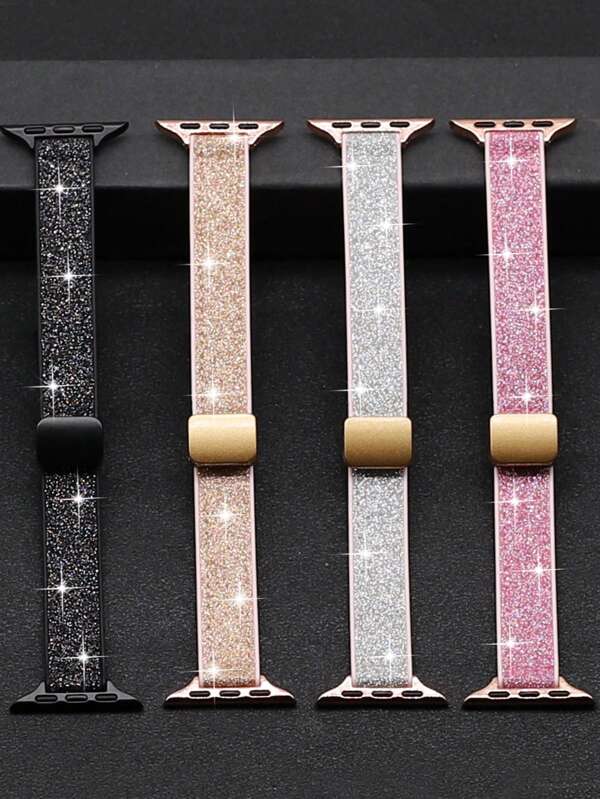 1 Pieza Correa de silicona brillante de moda para mujer para Apple Watch 10, 9, 8, 7, 6, 5, 4, 3, 2 Ultra Se. Correa de silicona de lujo ultra delgada con hebilla plegable magnética, compatible con IWatch de 49mm, 46mm, 45mm, 44mm, 42mm, 41mm, 40mm, 38mm. Ideal para regalos de vacaciones y cumpleaños