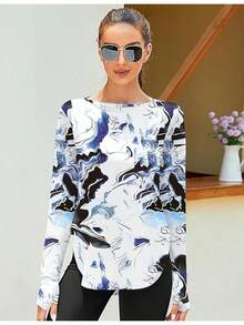 ZHENWEI Women's Long Sleeve Sun Shirt UV Protection Workout Tops Lightweight UPF 50+ Golf Gym Hiking Shirts Outdoor Clothing - 黑色藍色印花 - 查看 2