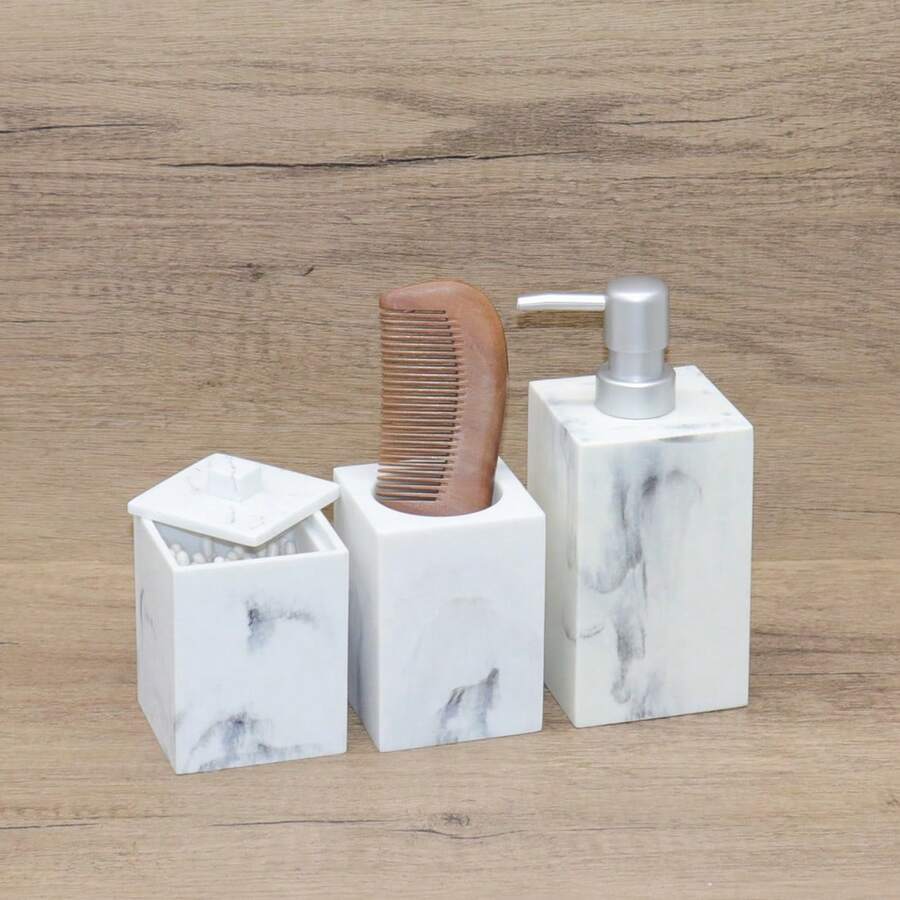 Nordic Style Artificial Stone Bathroom Accessories Set - Soap Dispenser, Shampoo Bottle, Cleaning Swab Holder, Tray, Wooden Comb Holder, Toothpick Box, Storage Jars. Waterproof, Moisture-Proof Design, Luxury Bathroom Essentials. Artificial Stone Soap Dispenser, Cleaning Swab Holder, Tray Combination Set, Bathroom Countertop Organizer, Easy To Clean