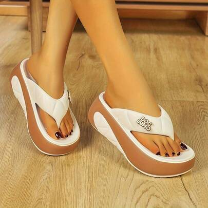 ASHALI Women's Thick-Sole Thong Sandals - Fashion EVA Textured Slippers With Arch Support, Dual-Color Cream And Brown Design, Suitable For Outdoor Wear, Summer Sandals